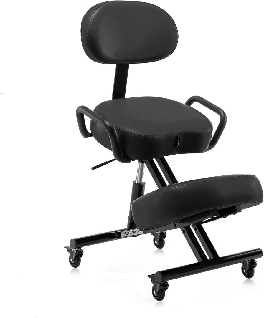 Ergonomic Kneeling Chair with Backrest, Improve Posture, Thick Cushions, Locking Wheels for Home & Office, AKONI 512B (Black), 16in x 12.5in x 25in