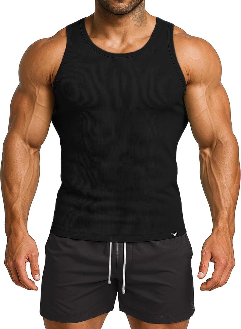 Men's Ribbed Workout Tank Tops Fitness Muscle Gym Tanks Sleeveless Bodybuilding Shirts Black (L)