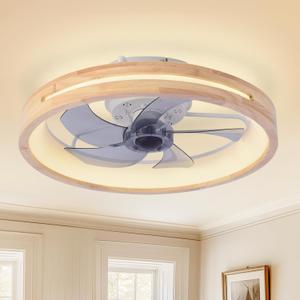 Modern Low Profile Ceiling Fans with Lights and Remote, 20" Wooden Flush Mount Reversible Bladeless Ceiling Fans with Light3000K-6000K Dimmable LED Timing and 6 Wind Speeds (Brown)