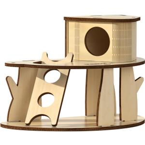 Wooden Hamster House with Ladder, 2-Tier Tree House Design Hamster Hideout Cage Accessories for Dwarf Gerbil Mouse