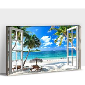 Beach Pictures Wall Art Decor for Living Room, Blue Ocean Painting Decor for Bedroom, White Window Frame Style Palm Trees Canvas Wall Decor Blue Coastal Landscape Artwork for Bathroom Office 24"x36"