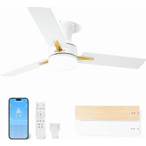 LANMEL 42 Inch Flush Mount Ceiling Fan with Light, App&Remote Control, Low Profile Modern Ceiling Fan, 6 Speed, Reversible, 3000k-6500k Dimmable LED, Quiet DC Motor for Indoor Outdoor, Gold White