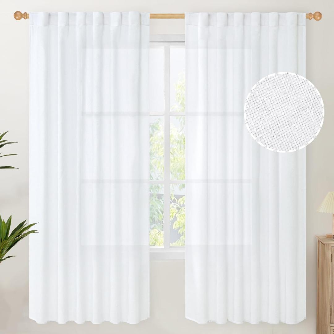 YoungsTex 72 Inch Length White Linen Curtains for Living Room 2 Panels, Rod Pocket Back Tab Semi Sheer Drapes for Light Filtering Window Treatments for Bedroom Dining, 52 X 72 Inch