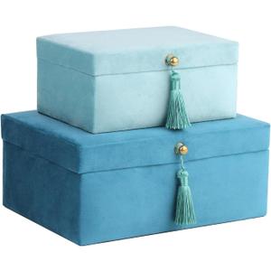 HofferRuffer Velvet Jewelry Boxes Decorative Boxes, Storage Accessory Organizer Boxes with Elegant Handle Decor, Classic Velvet Set of 2 Pieces (Blue)