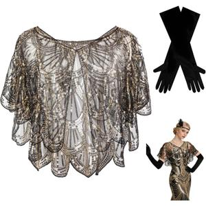 CHIC DIARY Women's 1920s Shawl Sequin Shawls and Wraps Lace Flapper Cape and Black Gloves for Party Evening Dress (Black), One Size
