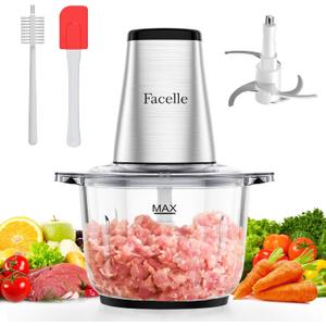 Food Processor, Facelle Meat Grinder 8-Cup Food Chopper Electric Vegetable Chopper 500W With 2L Glass Bowl & 4 Sharp Blades for Meat/Vegetable/Fruit/Nut/Baby Food