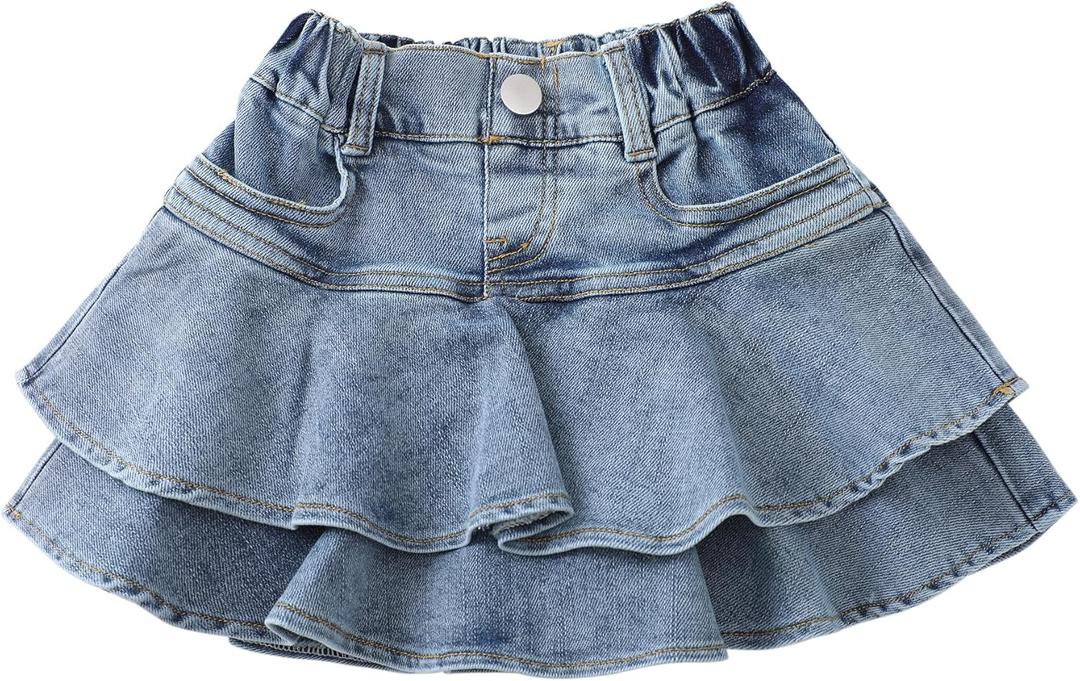 Flofallzique Little Girl's Denim Skirts Mini Flared Pleated Toddler Jean Skorts with Shorts Underneath (4T)