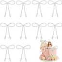 10 Pcs Pearl Bow Cake Toppers, 4.3x3.9 Inches White Pearl Beaded Cake Decorations, Large and Small Pearls, Elegant Cupcake Toppers for Weddings, Birthday, Valentines Day and Baby Shower Party Supplies