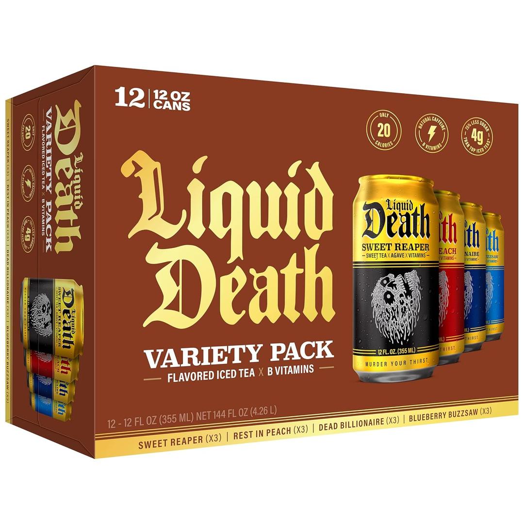 Liquid Death Iced Tea - Variety, Less Sugar*, Boost of Caffeine, B Vitamins, No Artificial Sweeteners, 4 Flavors: Tea/Lemonade, Rest in Peach, Sweet Reaper, Blueberry Buzzsaw, 12 Fl Oz (Pack of 12) By 06/12/2027