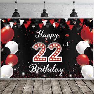 JOYKY Happy 22nd Birthday Banner, Red Black Party Decorations for Men Women, 22 Year Old Backdrop Dcor Supplies, 5.9 X 3.8 Fts