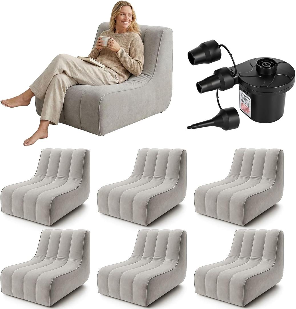 6 Pcs Inflatable Chairs for Adults, Blow up Couch with Electric Air Pump, Inflatable Chairs for Movie Night Flocking Portable Blow up Furniture Beanbag Sofa for Living Room Party (Light Grey)