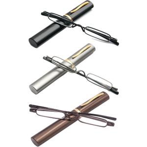 MMOWW Ultra Small Reading Glasses For Men Women Slim Pocket Readers with Pen Clip Metal Case Spring Hinge 3 Pairs (Black+Grey+Brown,+1.0)