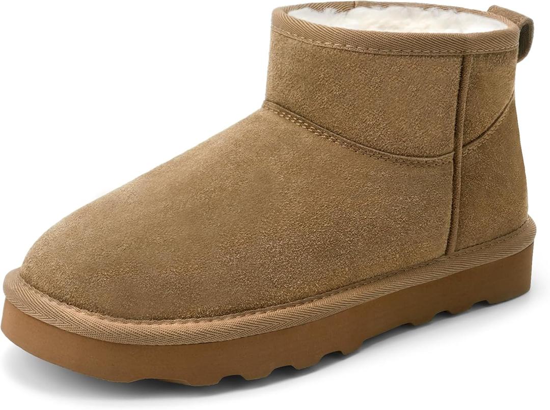 Women's Genuine Suede Winter Mini Boots Water Resistant Snow Booties with Cozy Faux Fur Lining Anti-Slip Memory Foam Insole Lightweight Pull On Ankle Boots Outdoor, Size 8.5 (Beige)