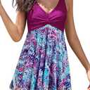 SHEKINI Womens V Neck One Piece Swimsuit Net Yarn Modest Tummy Control Skirtini Swimdress Bathing Suits (3X-Large, Purple-printing)