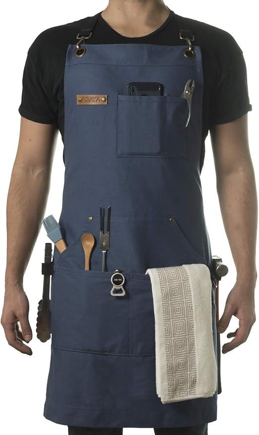 Chef and BBQ Apron with Bottle Opener and Hand Towel - 10oz Cotton Canvas, Stainless Steel Hardware - Cross Back Straps