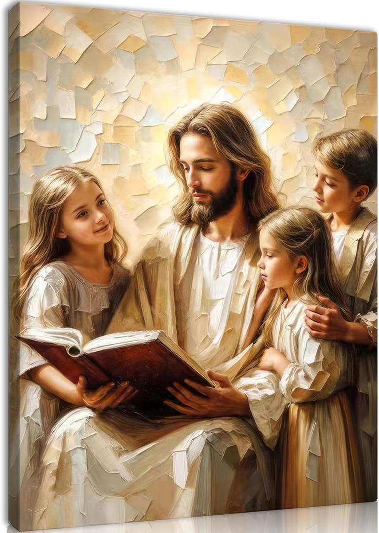 Jesus Teaching Child Canvas Wall Art Christian Kids Room Wall Decor God With Children Painting Pictures Religion Faith Poster Prints for Kids Room Bedroom Church Decoration 24x36