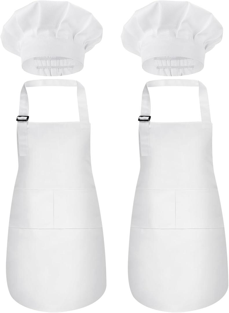 2 Pack Kids Chef Apron and Hat, Adjustable Kitchen Cooking Apron with Two Pockets for Girls Boys (White)
