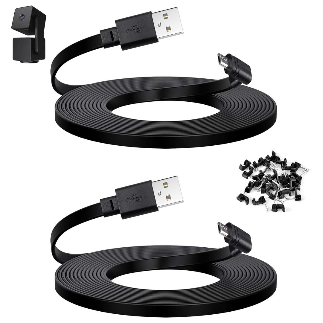 Smays 10 ft Cable for WYZE Cam Pan v3 Camera, Long Micro USB Flat Power Cord, 90 Degree 2-Pack, Black