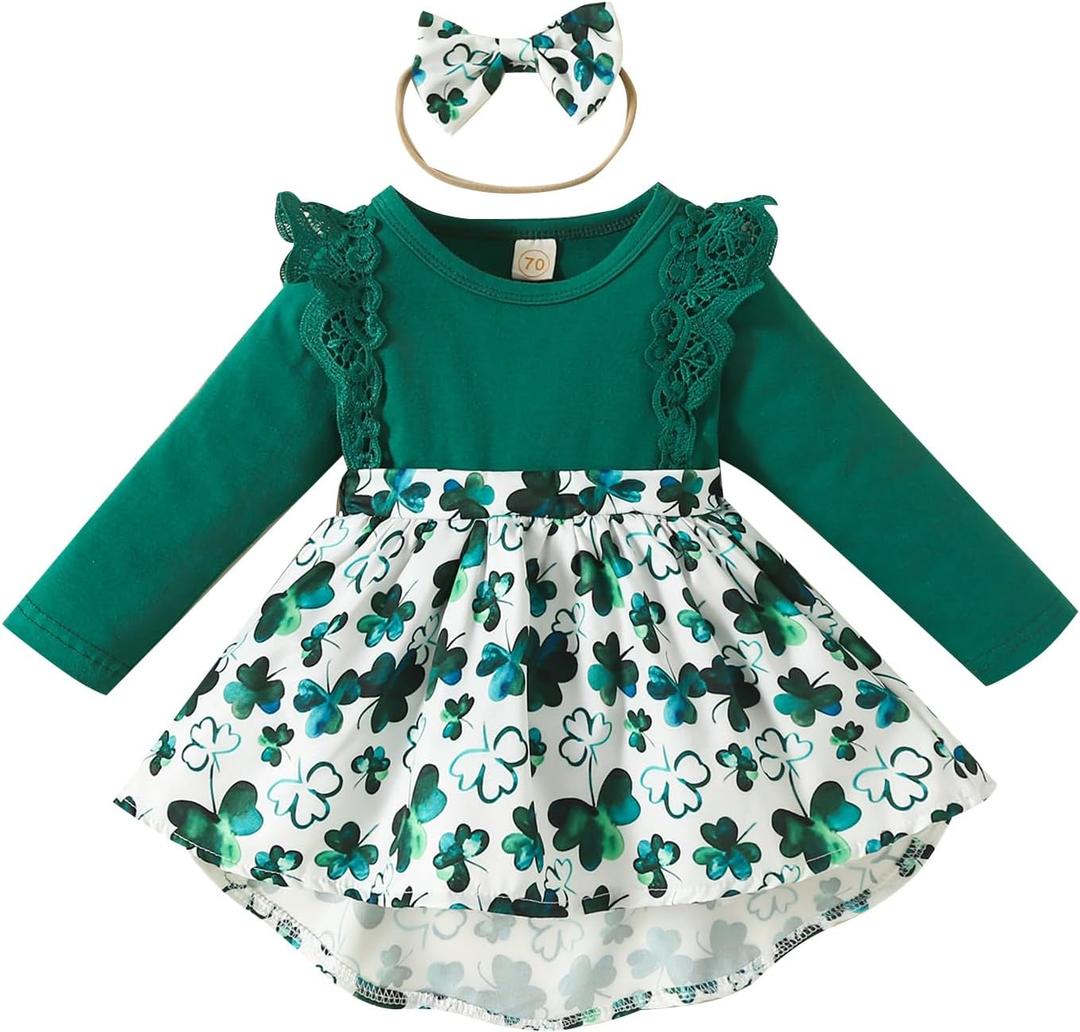 Noubeau Infant Baby Girl St.Patrick's Day Dress Ruffle Long Sleeve Romper Top Lucky Clover Print Skirt Outfits+Headband