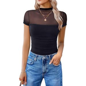 Avidlove Women's Short Sleeve Bodysuit Turtle Neck Body Suits Mesh One Piece Leotard Going Out Tops Date Outfits (Medium, Black)