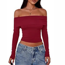 PRETTYGARDEN Off The Shoulder Tops for Women 2025 Long Sleeve Shirts Trendy Going Out Crop Top Spring Fashion Clothes (Wine Red, Large)