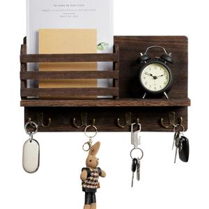 Key and Mail Holder For Wall, Decorative Mail Organizer Wall Mount with 4 Hooks, Wooden Key Rack with Shelf for Entryway, Rustic Brown HKKS1002BR
