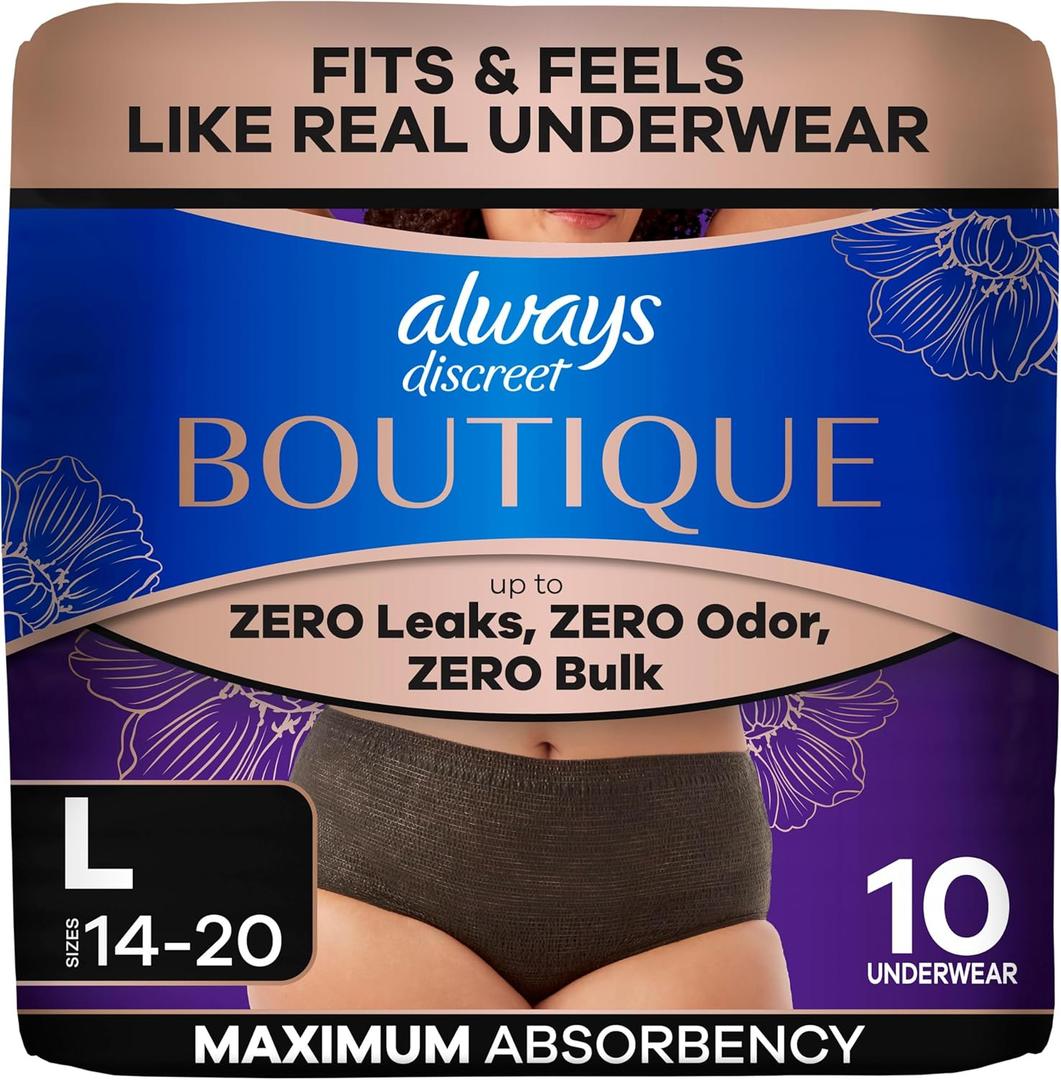 Always Discreet Boutique Incontinence and Postpartum Underwear for Women, Maximum Protection, Large, Black, 10 Count