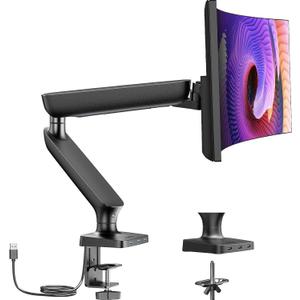Single Monitor Mount for 13-49 Inch Screens up to 24 lbs, Ergonomic Adjustable Monitor Arm with Built-in USB 3.0 Hub, Space-Saving VESA Desk Mount for Home Office & Gaming, C-Clamp & Grommet Base