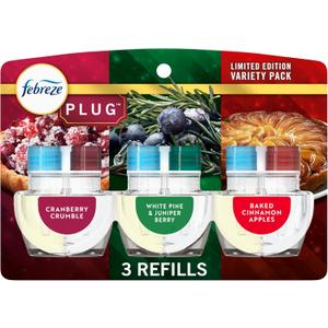 Febreze Plug In Air Freshener, Odor-Fighting Scented Oil Refill, Holiday Mix, 3 Refills, Clear