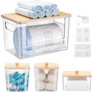 YAFFWA Extra Large Trash Bag Holder 4 Pack Garbage Bag Dispenser Roll Holder with Lid Laundry Room Organizer Under Sink Stackable Storage, Wall Mounted Laundry Dryer Sheet Holder Clear Pod Container