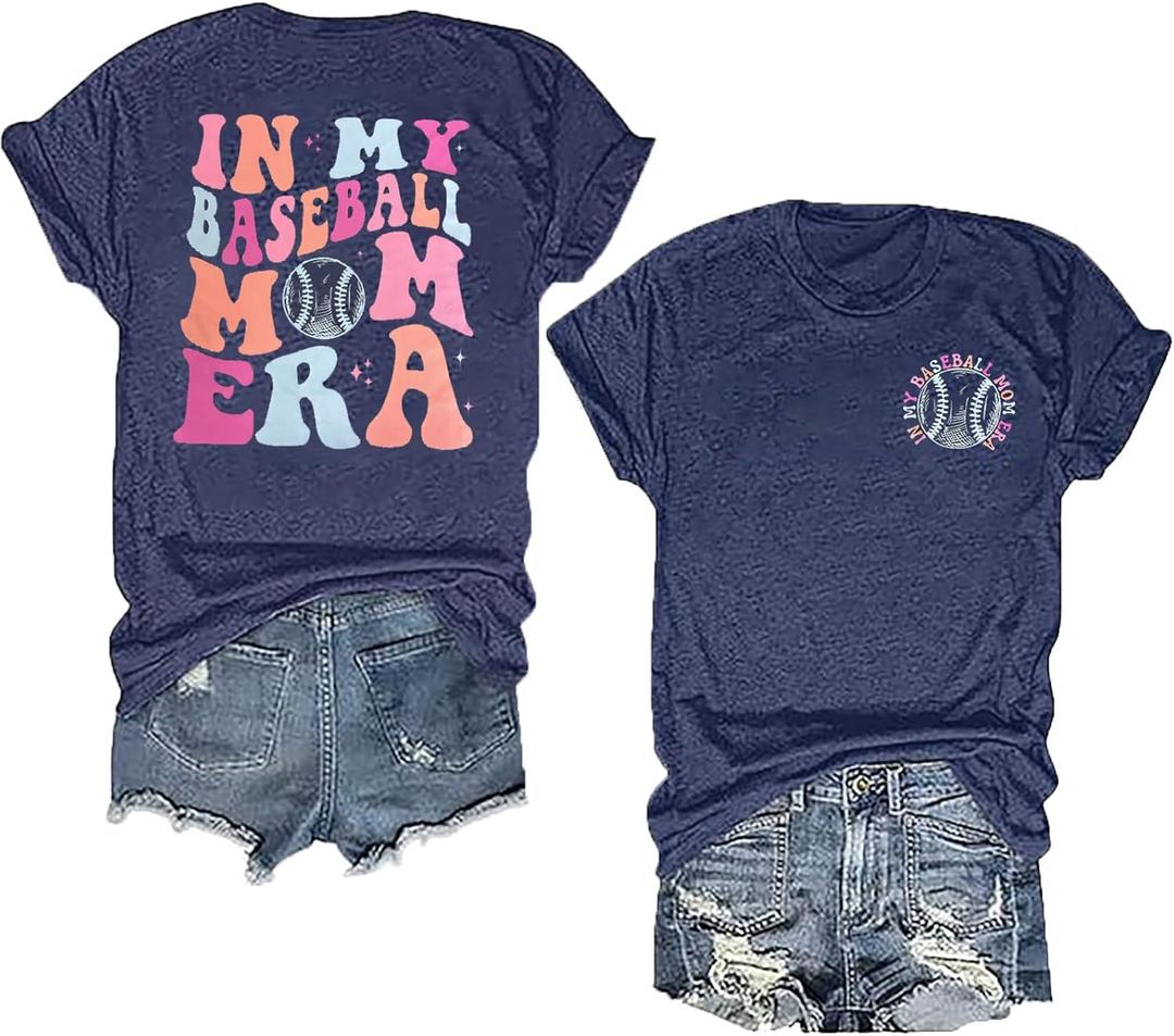 Baseball Mama Tshirts Women Baseball Mom Tee Shirts Game Day Casual Short Sleeve Tee Top Front and Back Print (Small)