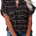 Allimy Women Summer Casual Split V Neckline Floral Chiffon Blouses Loose Tunic Short Sleeve Tops (Large, X Stripes Black Cuffed Sleeve)
