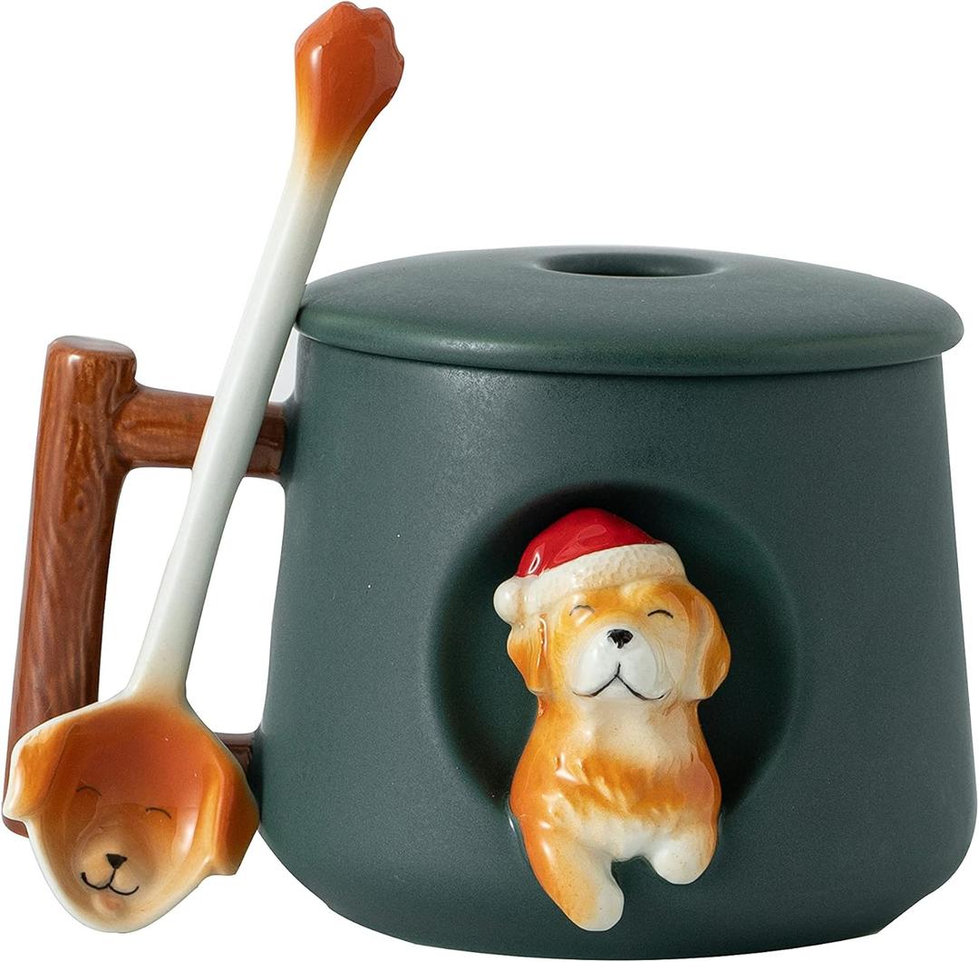 DIHOclub Ceramic Coffee Mug with Lid and Matching Spoon,Novelty 3D Golden Retriever Pattern Mug for Tea Milk Chocolate Juice,Cute Cup for Dog Lovers,Perfect Christmas Gifts-14 Ounces (green)