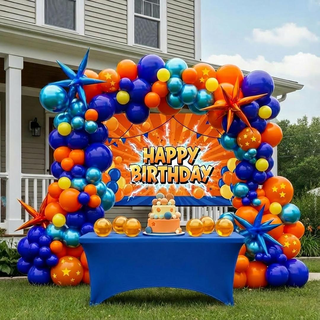 Orange and Metallic Blue Balloon Garland Arch Kit with star-printed Star Shape Balloons Birthday Backdrop for anime Dragon Cartoon hero Theme Birthday Sports Space Basketball Party Decorations