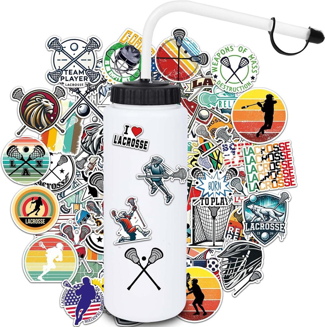 Lacrosse Gifts,1 Pack Lacrosse Water Bottle with Long Straw and 100PCS Lacrosse Stickers Accessories Stuff for Boys Men Player Lovers (1L,BPA,Squeeze)