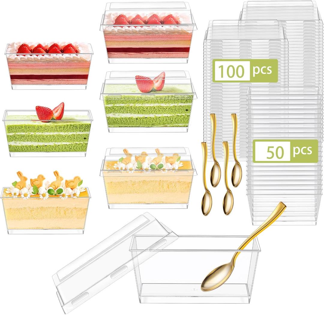 DI QIU REN 150 Pack 5oz Plastic Dessert Cups with Mini Gold Spoons and Lids, Clear Yogurt Parfait Cups Serves 50, Disposable Appetizer Cup for Fruit Pudding Shooter Birthday,Wedding,Party Tasting