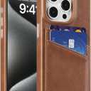 LUCKYCOIN Genuine Leather Wallet Phone Case for iPhone 15 Pro, Phone Purse with 2 Credit Card Holder, Compatible with iPhone 15 Pro, Metal Button Bumper Protective Shockproof Cover Dark Brown