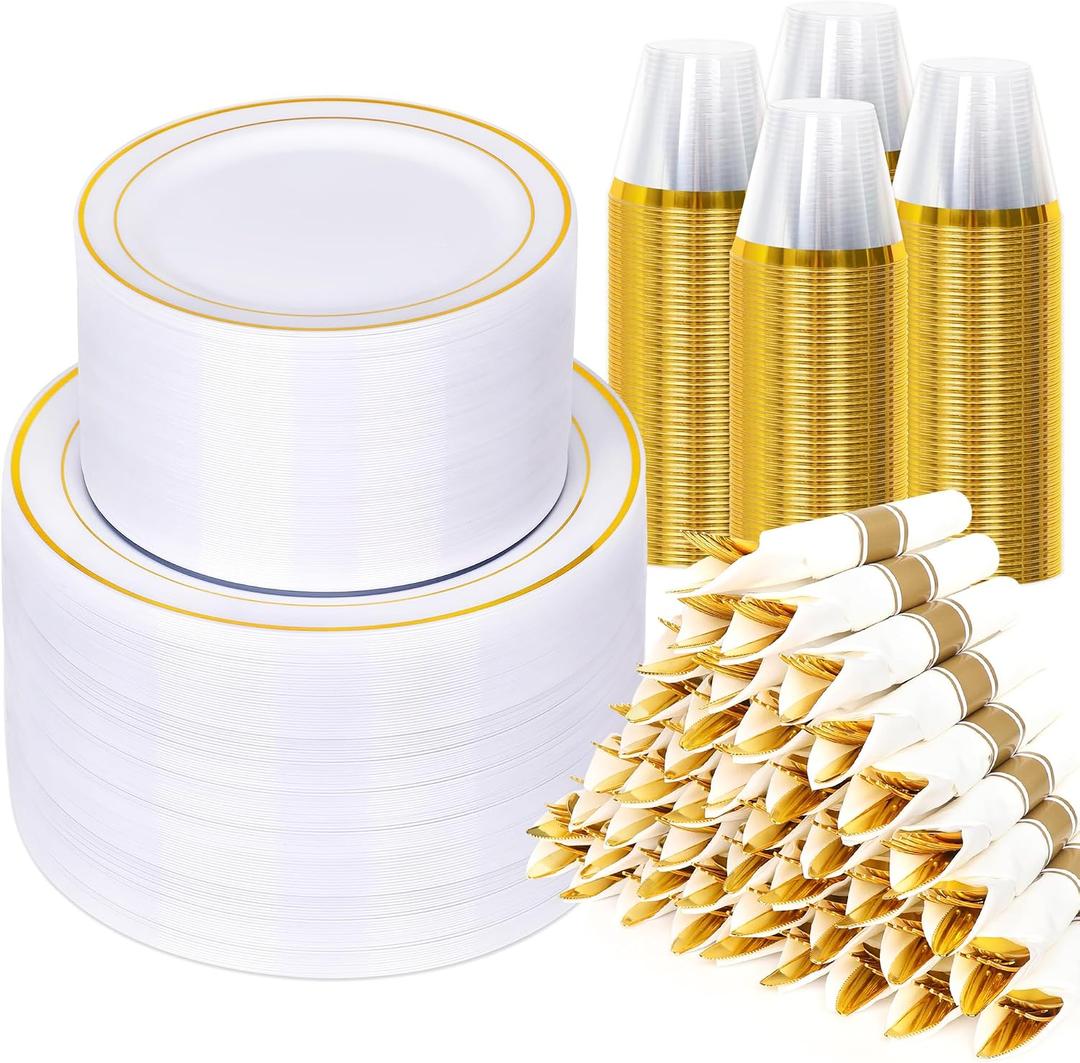 Sylans 700PCS Gold Dinnerware Set Disposable for 100 Guests