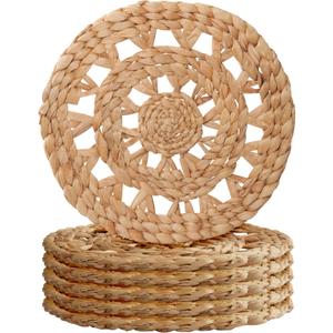 MIXUMON Woven Placemats Round, Natural Water Hyacinth Wicker Placemat for Dining Table, Large Handmade Woven Placemats Heat Resistant Non-Slip (12" - Set of 6)