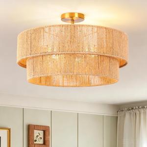20" Boho Semi Flush Mount Ceiling Light Gold Rattan Light Fixture