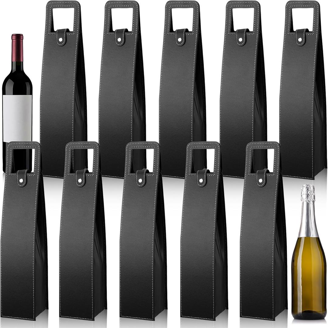 FillTouch 10 Pcs Leather Wine Gift Bags Reusable Leather Wine Tote Carrier Single Bottle Champagne Beer Protector Gift Bags for Parties Birthdays Wedding Christmas(Black,Classic Style)
