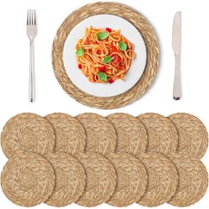 Kochorie Set of 12 Round Woven Placemats 12 Inches Bulrush Placemats Natural Hand-Woven Boho Rattan Placemats Wicker Table Mats Farmhouse Weave Place Mats for Home Dining Table