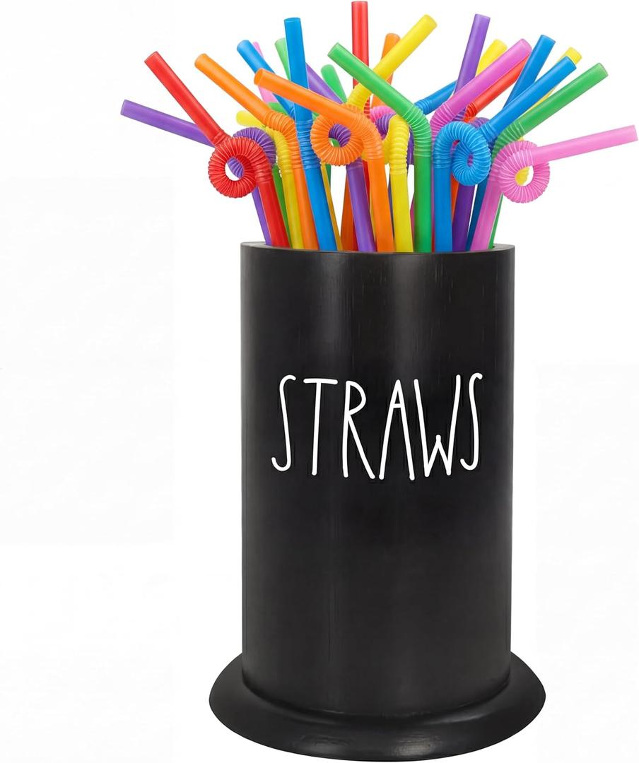 Straw Dispenser for Counter, Bamboo Straw Holder, Coffee Stirrers Holder for Farmhouse Decor, Coffee Bar Accessories and Organizer, Black Straw Organizer for Kitchen, Coffee Bar, Party