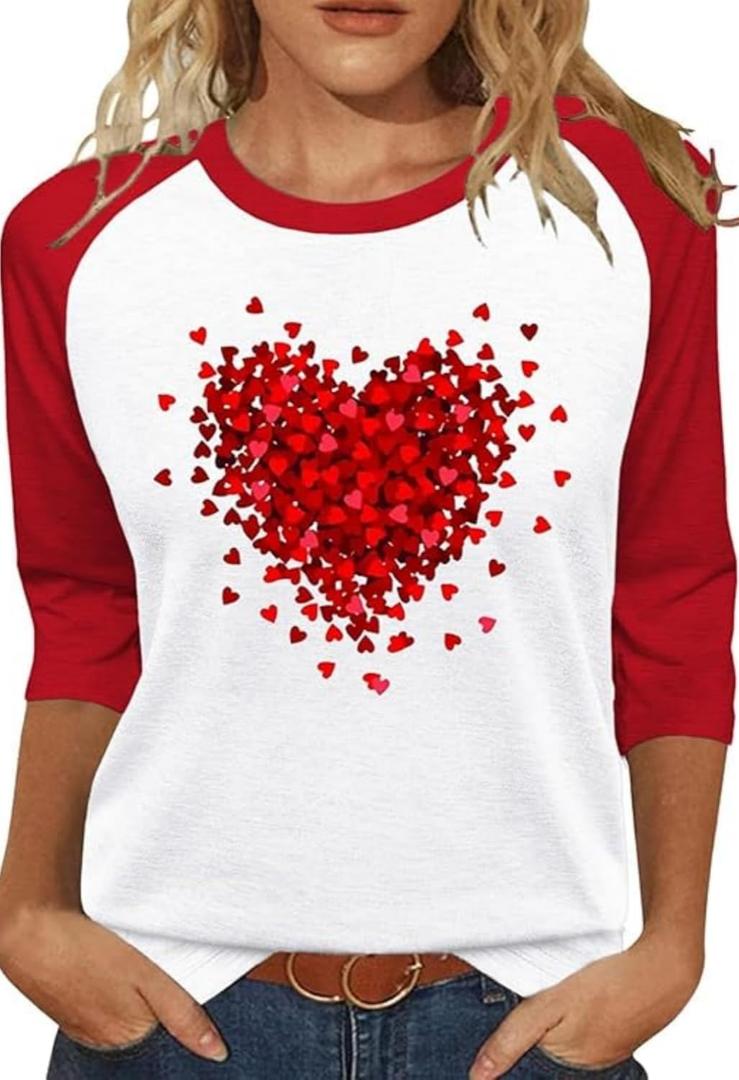Women's Valentines 3/4 Sleeve V Neck Shirt Funny Love Heart Graphic Long Sleeve Tee Casual Couple Matching Tops (M)