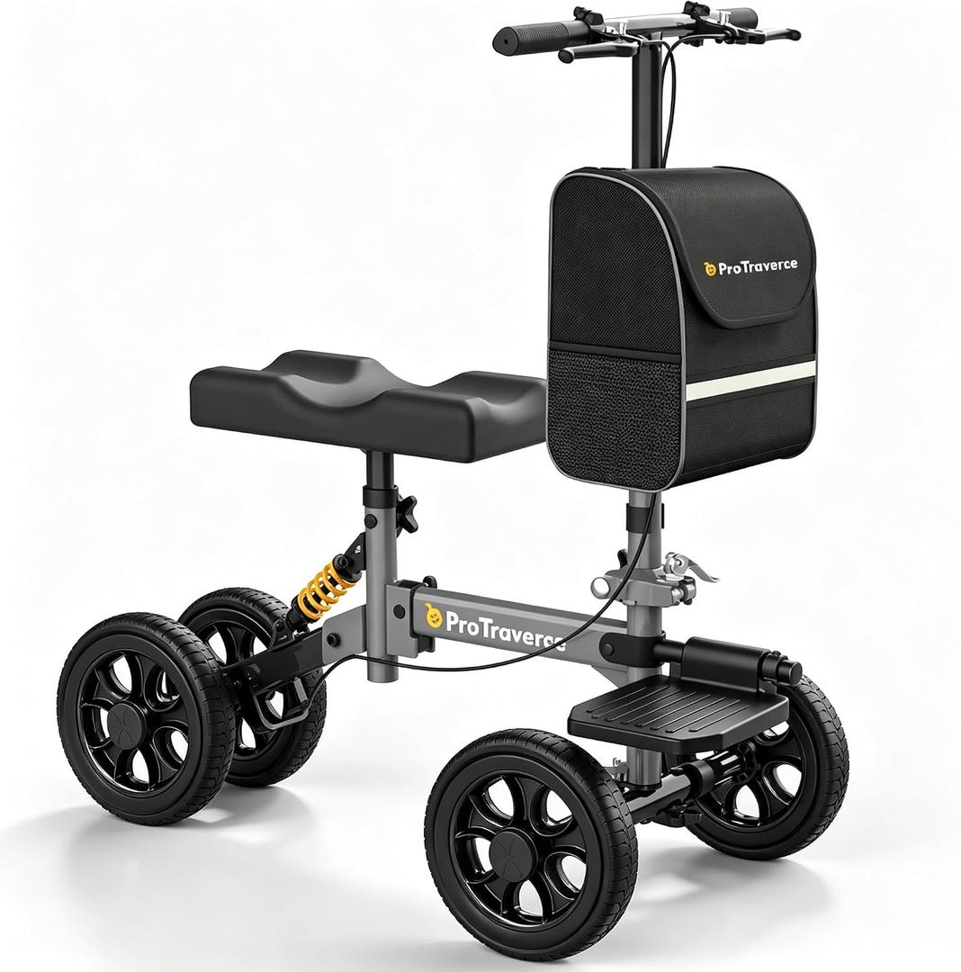 All Terrain Knee Scooter for Adults for Foot Injuries,Foldable & Steerable Knee Walker with Shock Absorption, 300lbs Leg Knee Scooter, Comfort Pad, Dual Brakes, Crutch Alternative, Grey
