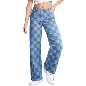 Sidefeel Women's Wide Leg Jeans High Waisted Stretchy Straight Leg Checkered Loose Denim Pants (18, Iceland Blue)
