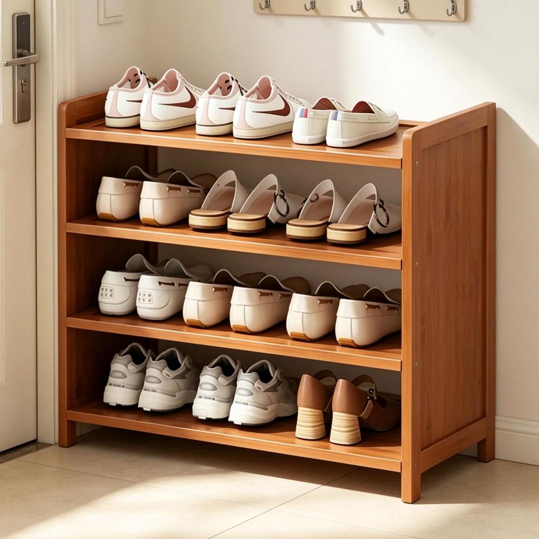 HOLTPHILI Bamboo Shoe Rack Shoe Cabinet Shelf Storage Organizer Shoe Stand for Entryway, Hallway, Bathroom and Living Room, 4 Tier Brown