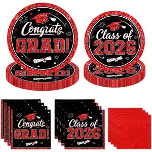 Graduation Decorations 2026 Graduation Party Plates and Napkins Set Black Red Class of 2026 Graduation Party Supplies for Congrats Grad Party Decor, Serve 50