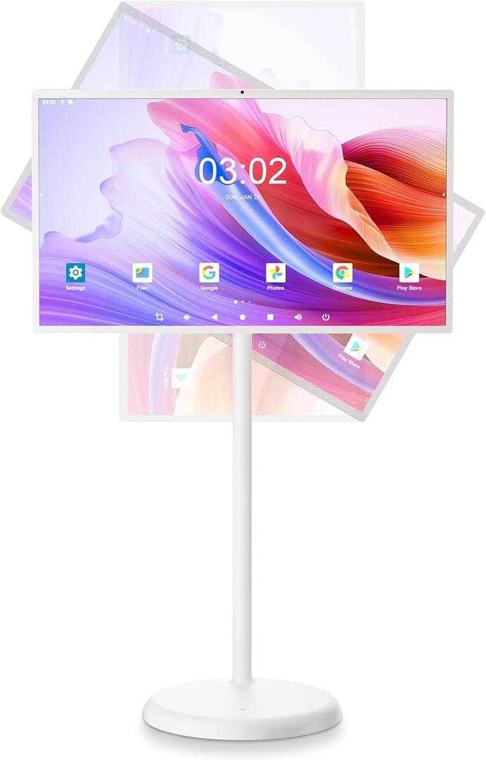 32-Inch Portable Touch Screen Monitor, 1080P Portable TV on Wheels with 13MP Integrated Camera, 6G RAM+128G Storage, Android OS, Built-in Battery(6-7H), Full Swivel Rotation, Voice Remote Control (Cream White)