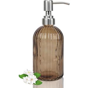 14Oz Brown Soap Dispenser Bathroom, Clear Glass Hand Soap Dispensers with Stainless Steel Pump, Refillable Dish Soap Dispenser for Kitchen, Countertop Soap Dispensers